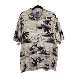 Quiksilver Hawaiian Shirt Men’s M Brown Tan Palm Tree Print Button Up Surf